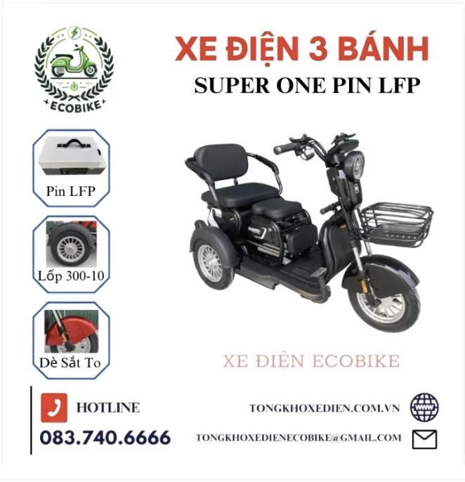 Xe Điện 3 Bánh Super One Chạy Pin Lithium 48V Màu Đen